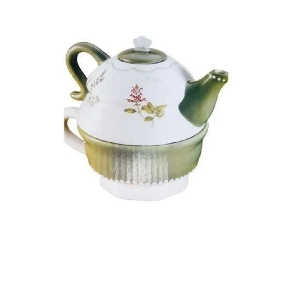 Sonoma Tea set for 1 Stacked Teapot Teacup Herbs Herb Garden 3 pc green/beige